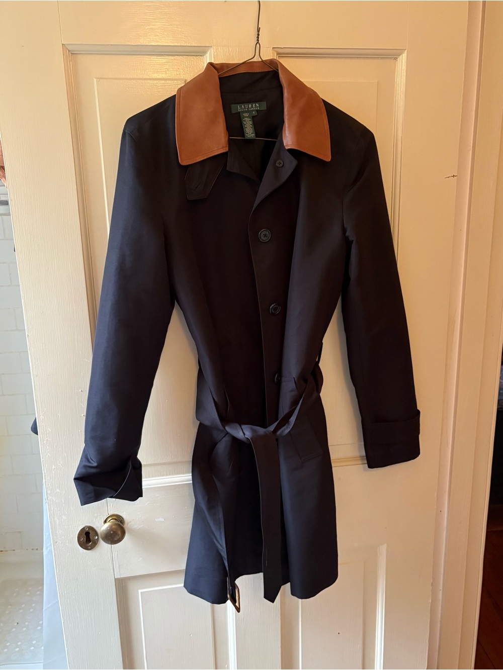 Lauren Ralph Lauren Black Trench Coat with Tan Faux Leather Collar